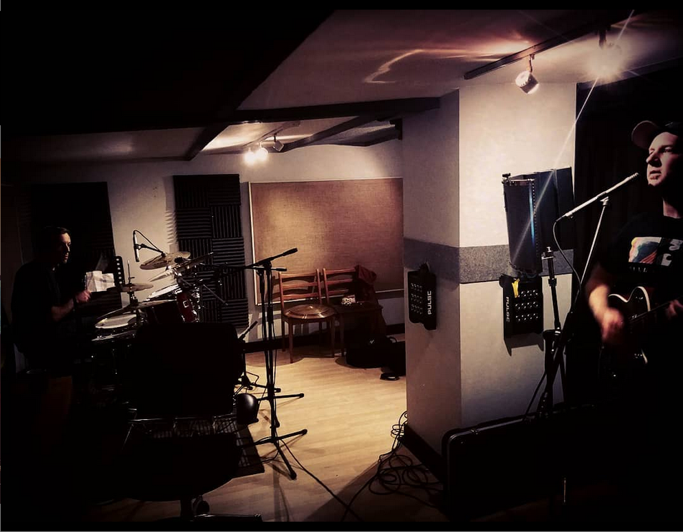 Recording the drum tracks for Matt Palmer Band debut EP. Niall on drums (left) and Matt on guitar/vocals (right)