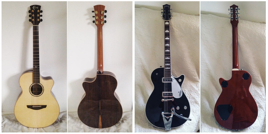 Faith Venus acoustic guitar (left) and Gretsch Duo Jet electric guitar (right) 