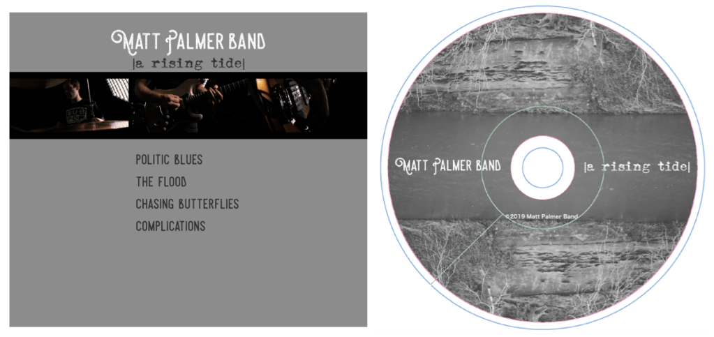The back cover and disc artwork for A Rising Tide by the Matt Palmer Band. Photography Tim Loe (back cover) and Matt Palmer (disc).